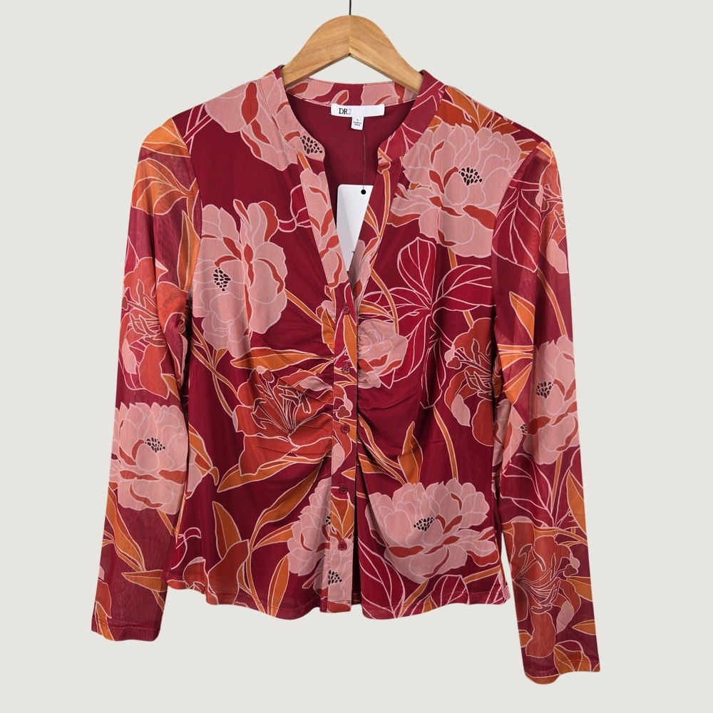 DR2 Dark Floral Mesh Top Women L Red Sheer Sleeve Ruched Button Front Y2K Retro